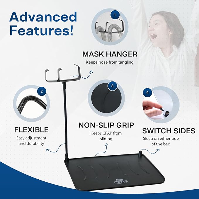 CPAP Protector Mat & CPAP Hose Holder – Bedside Organizer with CPAP Hook for CPAP Mask & Tubing, Keeps CPAP Supplies Neat and Tidy All Night (T-Style Hook)