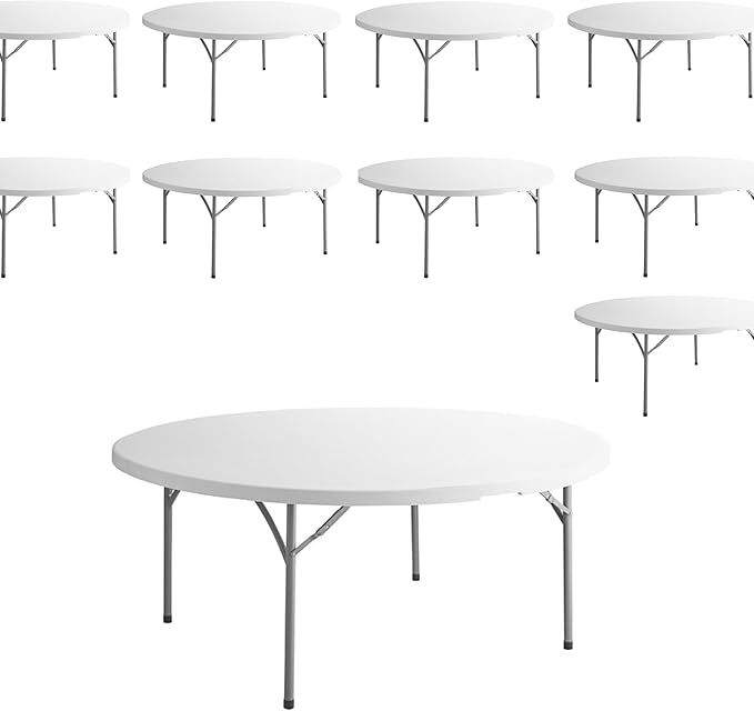 PRO&Family Commercial Round Folding Table, White Top, Powder-Coated Steel Frame, High-Impact Polyethylene Construction, Perfect for Wedding, Party, Shool, Church. (10, 72" Bi-Fold)