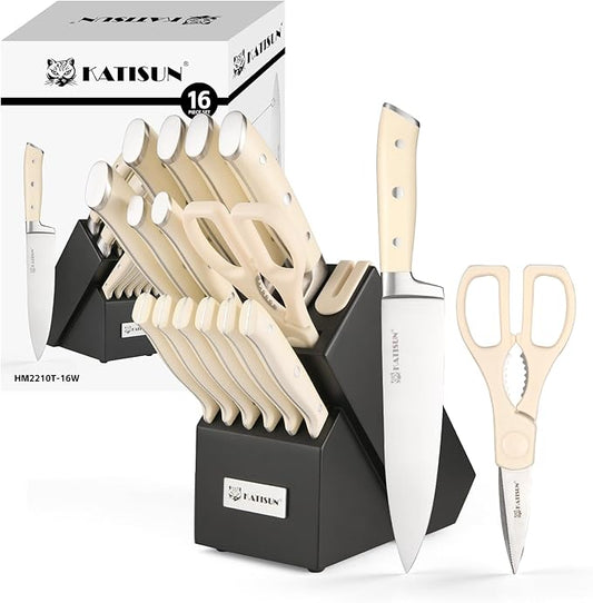 16 Pieces German Steel Knife Block Set, Extra-Long Creamy White Handles for Large Hands & Better Leverage, Professional Kitchen Knife Set with Sharpener & Shears, Modern Black Block