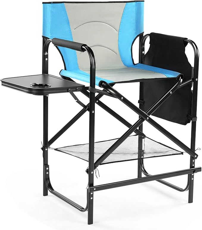 Outvita 26" Tall Directors Chair Height Seat Folding with Side Table Storage Bag, Support for 300Lbs Portable Makeup Artist Chair with Bar Height(Blue/Black)