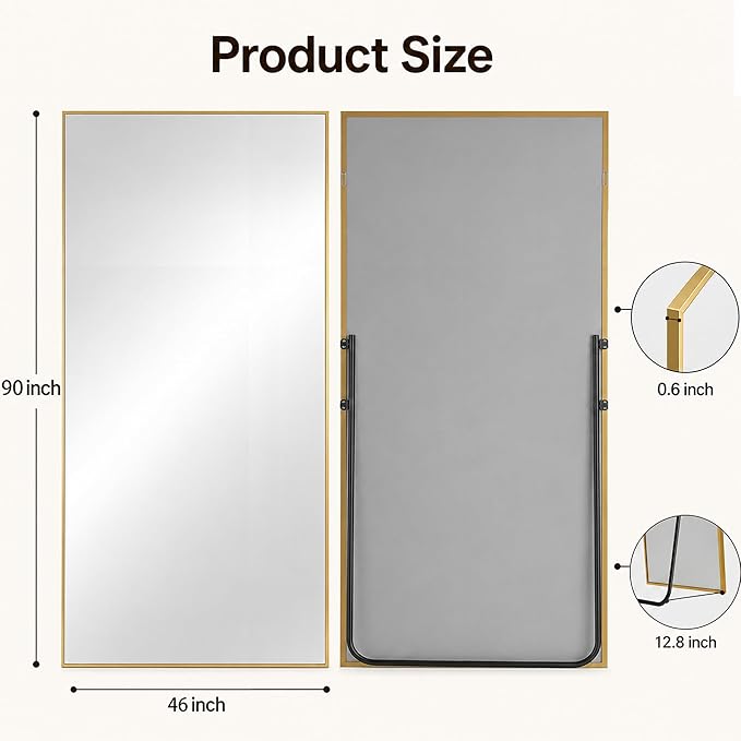 Antok Full Length Mirror, 46"x90" Floor Mirror with Stand, Hanging Mounted Mirrors for Bedroom, Living Room, Cloakroom, Dining Room, Gold, Rect