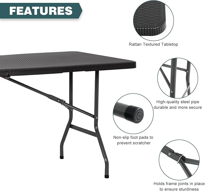 FDW 6 Foot Outdoor Dining Table, Foldable Portable Rectangular Plastic Folding Table with Built in Carrying Handle for Party and Wedding Use, Black Ratten