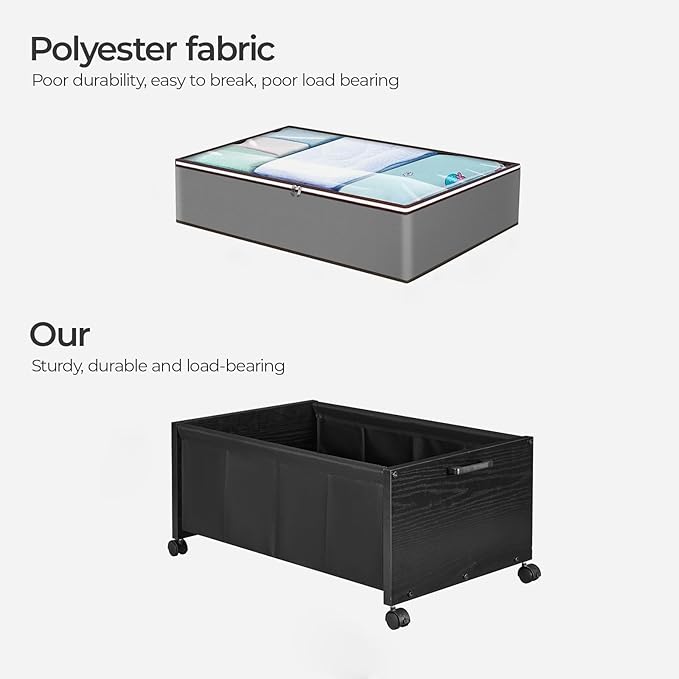 FOUCSSOMEI Under Bed Storage with Wheels, Wooden Under Bed Drawers On Wheels, Rolling Under Bed Shoe Storage, Space Saving, Black,70L