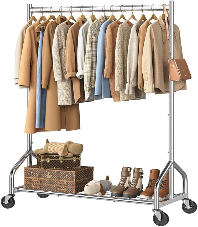Simple Trending Heavy Duty Clothes Rack Load 420 LBS, Rolling Clothing Racks with Lockable Wheels, Metal Garment Rack for Hanging Clothes, Bedroom, Laundry Room, Silver