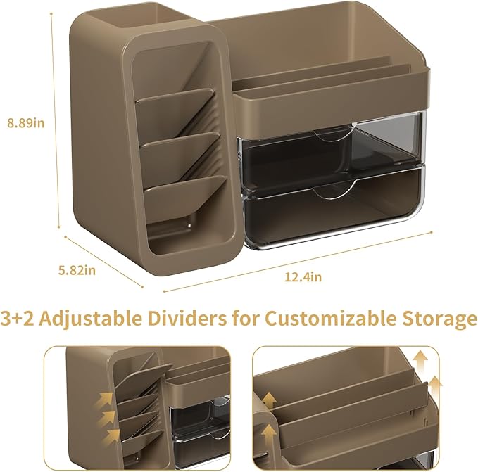 Makeup Organizer with Adjustable Brush Holder for Vanity, Large Skincare Organizer for Bathroom Countertop, Cosmetic Display Case with Drawers, Multi-Function Storage for Perfume, Lipstick, Palettes