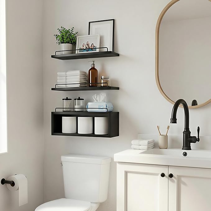 LANDNEOO Floating Shelves for Wall with Cube Shelf, Set of 3 Wood Bathroom Shelves Over Toilet for Storage, Wall Mounted Organizer with Metal Rail for Restroom Decor and Toilet Paper, Black