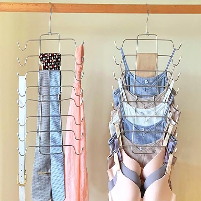 Szxc 2 Pack Foldable Tank Top Closet Organizer Hangers - Keep Things Shaped - for Bras, Cami, Bathing Suits, Belts, Ties, Strappy Dress, Pajamas & More - Chrome with Black Vinyl - 360 Degree Rotated