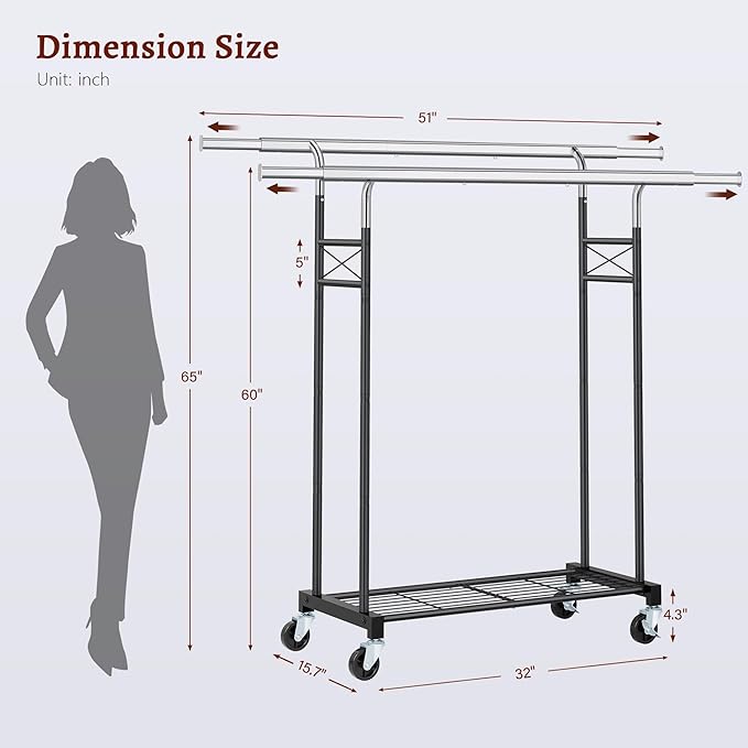 FAVOOSTY Clothes Rack for Hanging Clothes Double Rods, Rolling & Extending Clothing Rack with Wheels, Garment Coat Rack Freestanding, Portable Clothes Rack, Black
