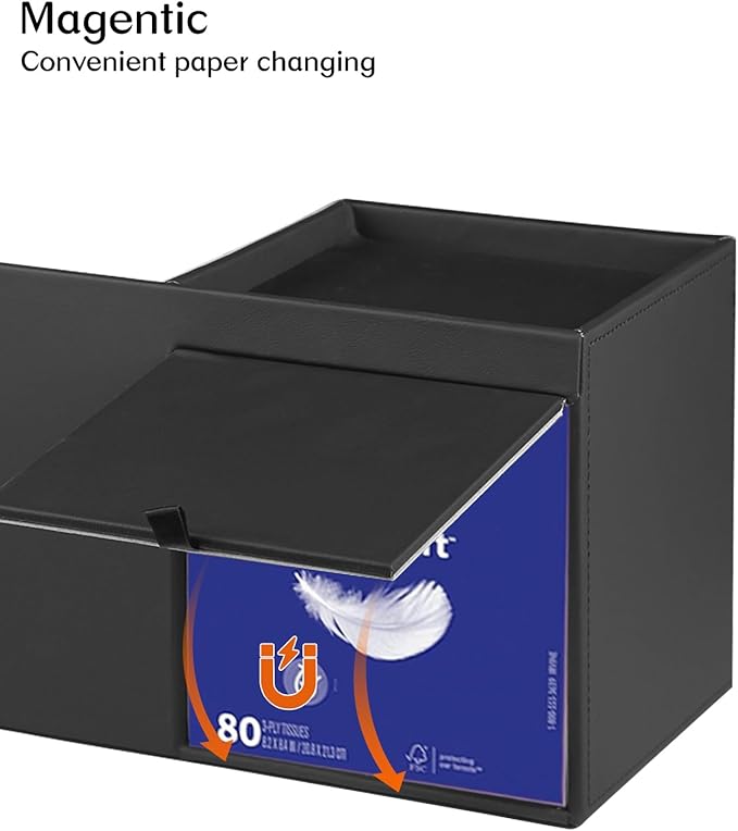 PU Leather Square Tissue Box Cover with Tray and Organizer, Multi-Function Remote Control Tissue Holder for Vanity, Nightstand, Bathroom, Home and Office