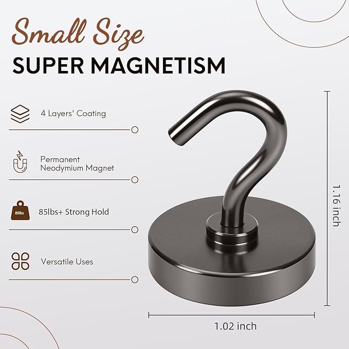Neosmuk Magnetic Hooks, Heavy Duty 85lb+ Strong Magnet Hook for Cruise Cabins, Cruise Essentials 2026 for Hanging, Metal Wall Refrigerator Hangers (Gunmetal, 10 Pack)