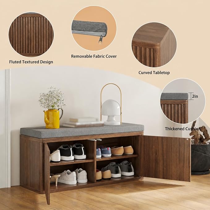Double Layered Shoe Cabinet with Bench,Wooden Shoe Bench with Soft Cushion,Double Door without Handle Pressing Spring,Fluted Panel,Suitable for Entrance,Corridor and Living Room (Shoe Bench-Walnut)