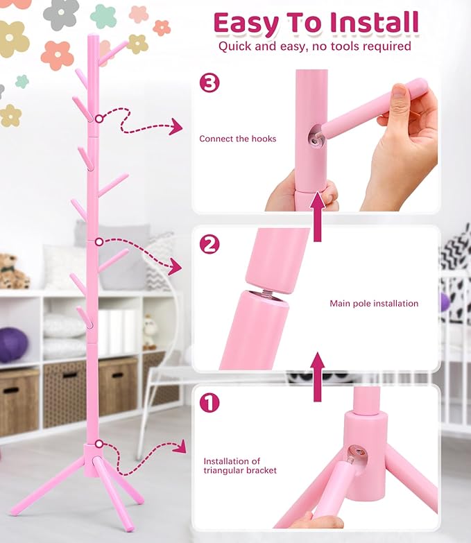 Beech Wood Kids Coat Rack - Adjustable Height Stand with 9 Hooks, Freestanding Children's Clothing Organizer for Hallway, Bedroom, Easy Assembly (Pink)