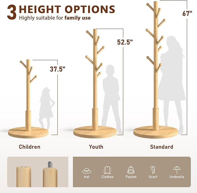 Coat Rack Freestanding Wooden Coat Tree Stand with 8 Round-tip Hooks, 3 Adjustable heights Coat Hat Rack for Entryway,Bedroom,Hallway,Office (Natural)