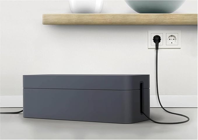 Durable Cavoline Cable Management Box L - Safely Store Power Blocks and Cables - USB Cable Outlet for Charging Devices - Made of Flame Retardant Plastic - Large Box in Graphite