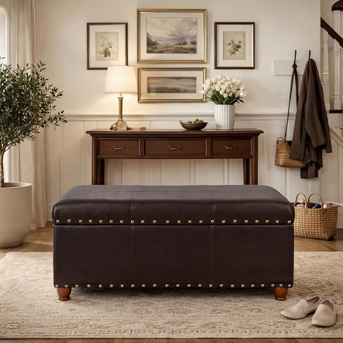HomePop Faux Leather Cocktail Storage Bench, Brown