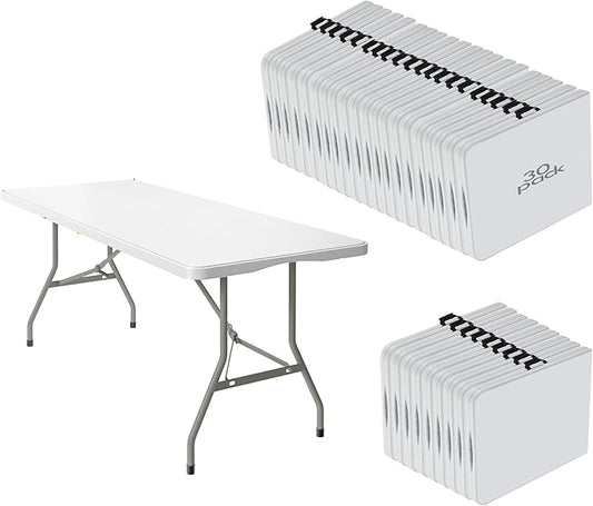30 Pack of 6 Foot Foldable Table with Built in Handle & Steel Legs ,Heavy Duty Portable ,Perfect for Party, Dining, Wedding, Events, Picnic Indoor, Outdoor, Camping, Utility, Folding(white-30pac)