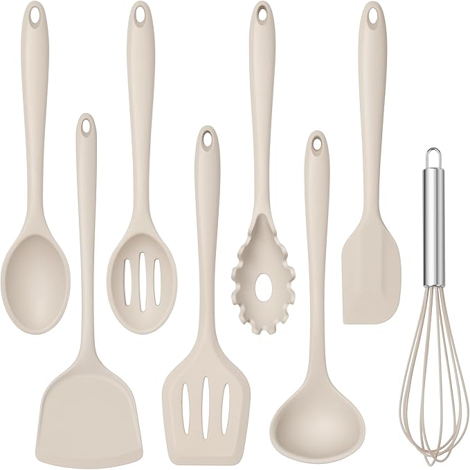 TeamFar Silicone Cooking Utensils Set, 8 PCS Kitchen Utensils Set, 446°F Heat Resistant, Turner, Spatula, Spoon, Whisk, Kitchen Cooking Gadgets Tools for Nonstick Cookware, Dishwasher Safe-Khaki