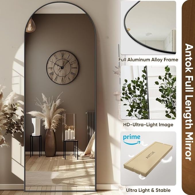 Antok Full Length Mirror, 59"x18" Floor Mirror with Stand, Hanging Mounted Mirrors for Bedroom, Living Room, Cloakroom, Dining Room, Black, Arched