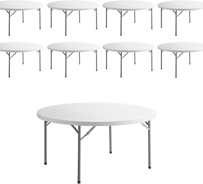 PRO&Family Commercial Round Folding Table, White Top, Powder-Coated Steel Frame, High-Impact Polyethylene Construction, Perfect for Wedding, Party, Shool, Church. (8, 60")