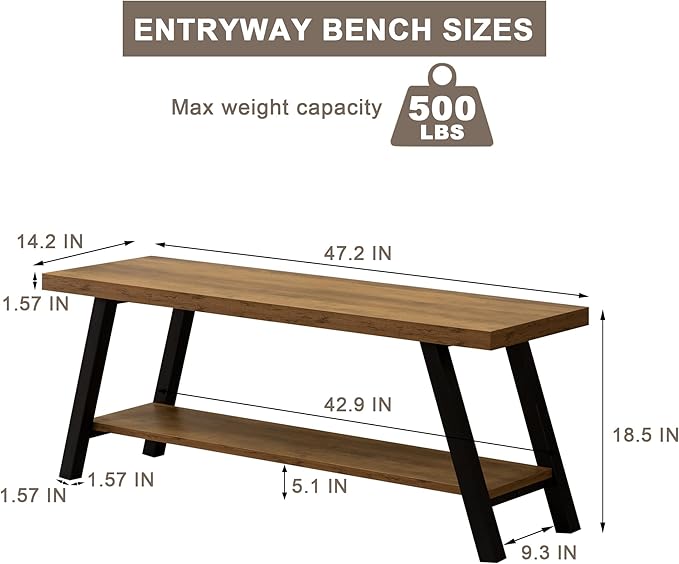 SUNTAGE Entryway Bench, Farmhouse Indoor Entry Way Shoe Benches Seat, Industrial Metal Shoe Storage Bench Organizer for Living Room, Bedroom, Hallway (Rustic Oak)