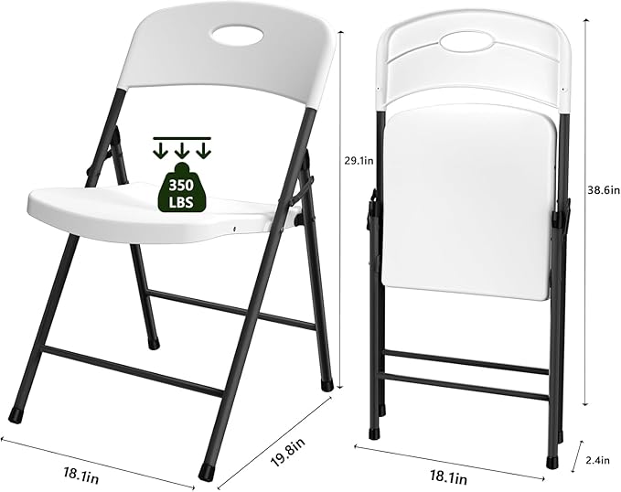 6 Pack White Folding Chair, Plastic Portable Stackable Commercial Seats with Steel Frame 350lb, Heavy Duty Foldable Chair for Indoor and Outdoor, Patio, Office, Picnic, Kitchen, Events