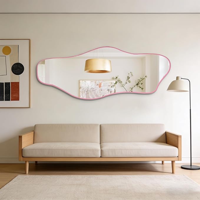 Large Irregular Mirror, 60"x24" Pink Asymmetrical Tempered Glass Mirror, Modern Organic Shape Frameless Mirrors for Living Room Bedroom Hallway Entryway, Horizontal or Vertical Hanging