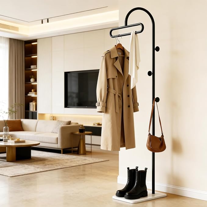 Coat Rack Freestanding Clothes Rack with Hooks & Marble Base, Heavy Duty Coat Hanger Stable Coat Stand for Entryway Bedroom, Hanging Garment Rack Hall Tree for Clothing Ties Hats Bags Purses (Black)