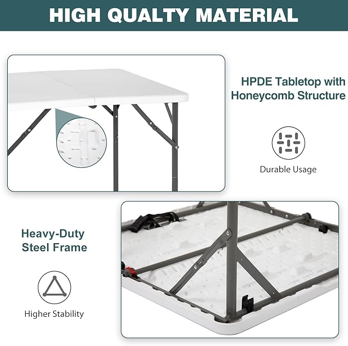 FDW 34" Square Outdoor Dining Table, Foldable Portable Plastic Folding Card Table with Built in Carrying Handle and Height Adjustable for Party and Wedding Use, White