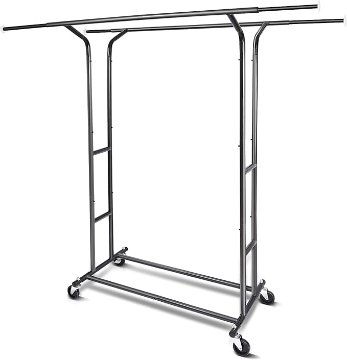 Fishat Black Heavy Duty Double Rod Garment Clothes Rack for Hanging Clothes, Rolling Organizer Commercial Metal with Lockable Wheels Mobile for Coats Dresses