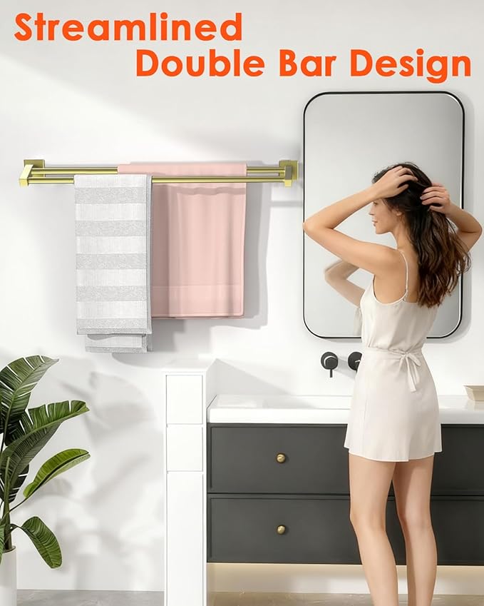 Alise Bath Double Towel Bars Towel Racks for Bathroom,Wall Mount Towel Holder Heavy Duty SUS304 Stainless Steel Towel Hanger Towel Rail,Gold,32 Inch
