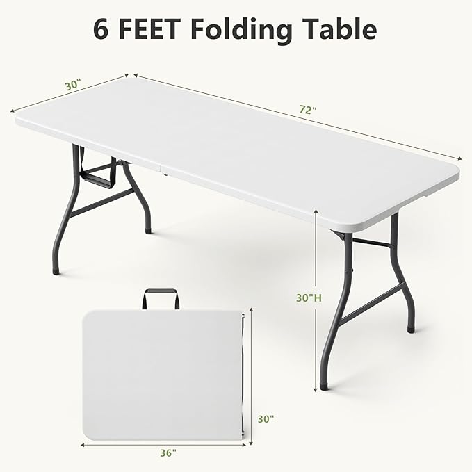 Folding Table, 6 FT Foldable Plastic Table with Carrying Handle, Heavy Duty Portable Fold-in-Half Utility Table for Party, Camping, Banquet, Craft, Wedding, Indoor & Outdoor Use