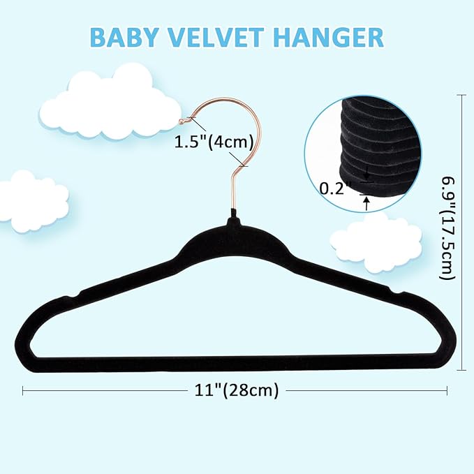 Tonswachic Baby Velvet Hangers 50 Pack - 11 Inch Premium Non Slip Felt Kids Hanger for Toddler & Infant Clothes - 0.2" Ultra Thin Baby Clothes Hangers with 10 Hanger Clips - Black