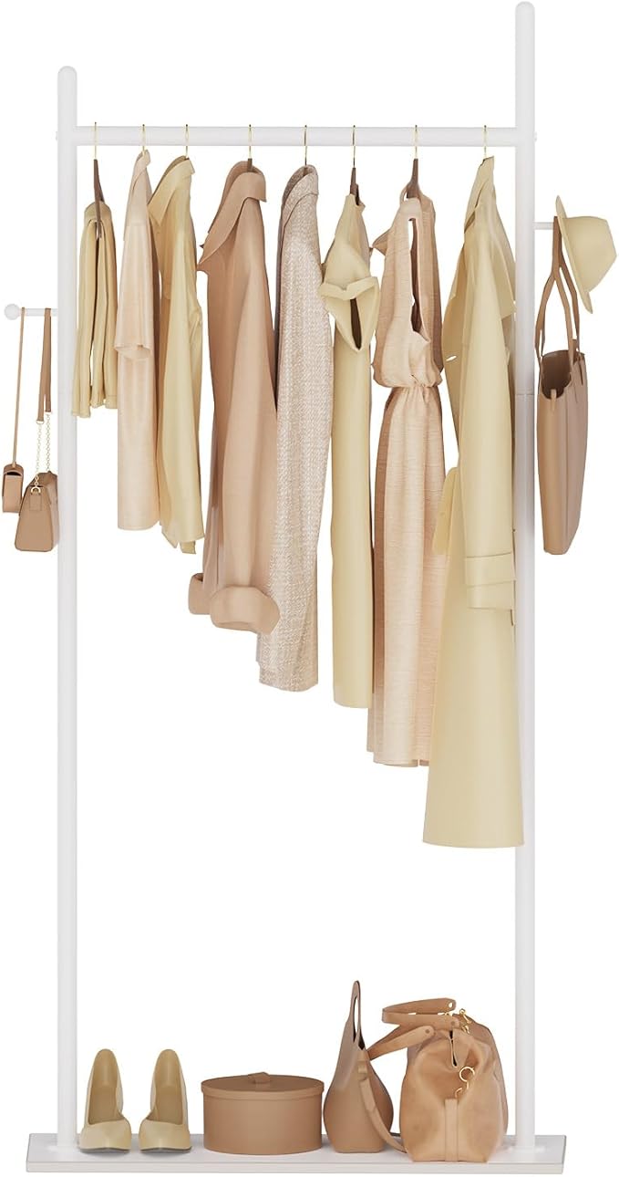 Large Metal Coat Rack Freestanding, Modern Coat Hanger Stand with 2 Hooks and Heavy Rock Slab Base, Industrial Clothing Rack, 25.6 x 11.8 x 68.9 In, White, GYJ202LW