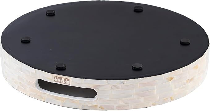 PEMAR 12.6” Decorative Round Serving Tray, Mother of Pearls Inlaid Coffee Table Tray w Insert Handles,Nacred Wooden Ottoman Tray,Bedroom Tray,Cabin Tray. Decorative Platter Basket Tray (White Pattern)
