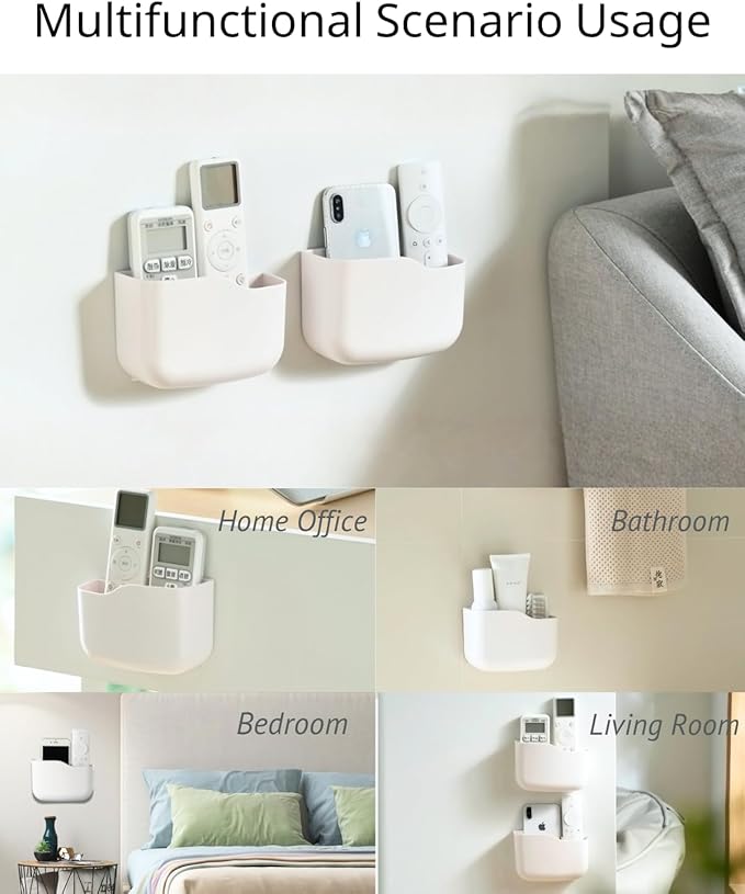 LINFIDITE 2 Pack TV Remote Holder Wall Mount Remote Control Holder for Bed Universal Bedside Wall Remote Holder Caddy Organizer Hole-Free Remote Control Holder (For 2 Or 3 Remote Controls–White