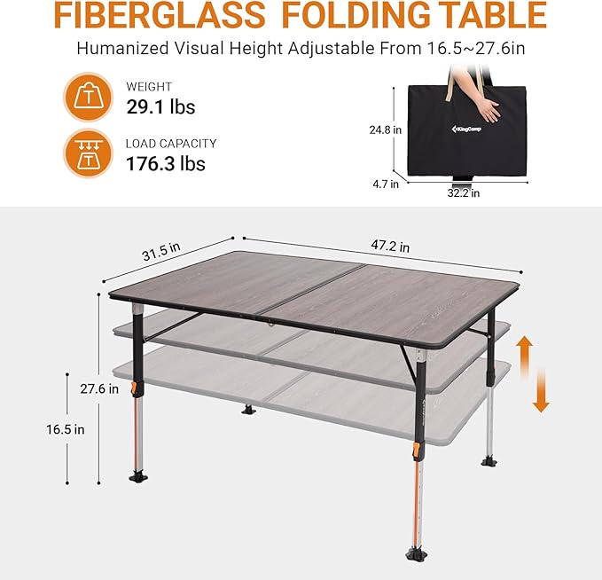 KingCamp Adjustable Height Folding Camp Table, Large Fiber Glass Portable Picnic Table for Outdoor & Indoor Use, Sturdy Aluminum Leg Patio Table for 4-6 People with Storage Bag