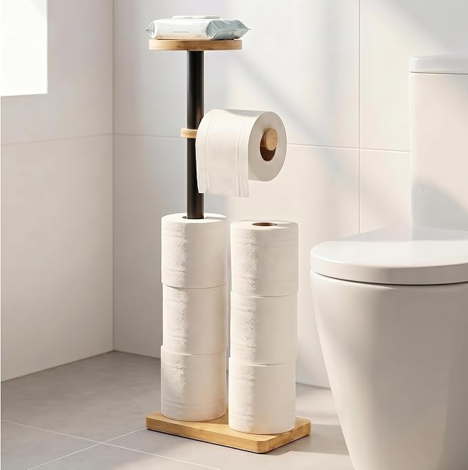 Toilet Paper Holders Free Standing, Holds up to 7 Rolls Toilet Paper Stand with Storage, Bathroom Toilet Paper Organizer with Top Shelf for Small Items, 1-Min Rotating-Lock Assembly, Light,L