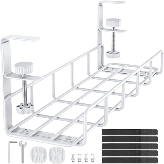 15.7” Under Desk Cable Management Tray, No Drill Heavy Duty Steel Standing Desk Cable Management, Wire Management Tray Cable Rack with Clamp Mount, Adjustable Metal Under Desk Tray (White, 1 Pack)