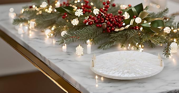 PEMAR Mother of Pearl Decorative Tray, 13"" Round with Gold Metal Handles, Vanity/Perfume/Trinket Tray, Catchall for Dresser, Bathroom, Vanity Table (White Sunlight)