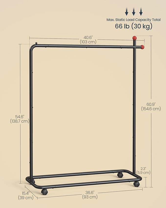 SONGMICS HOME Clothes Rack, Clothing Rack on Wheels, Portable Garment Rack, with 1 Clothes Hanging Rail, Matchstick-Shaped Hooks, Ink Black UHSR170B01