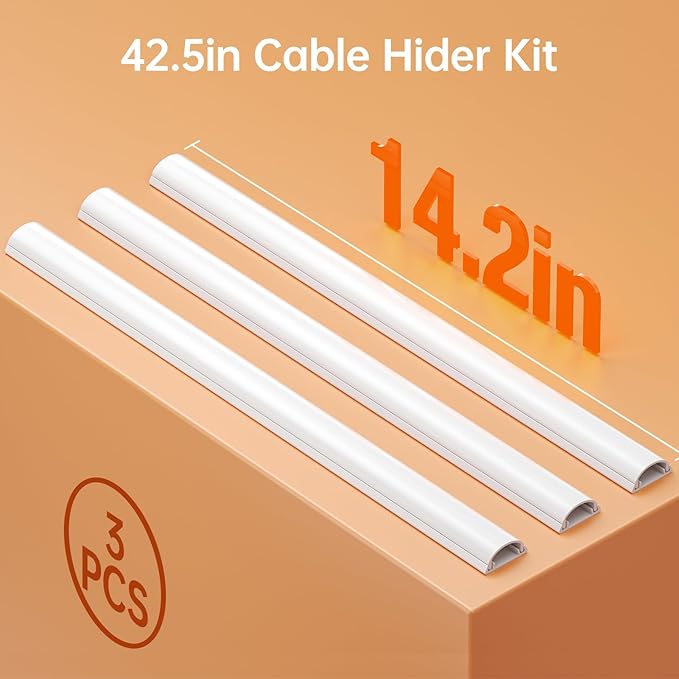 Delamu 42.5in Adhesive Cord Hider Wall, Mounted TV Cord Cover Kit, Multiple Cable Raceways for Wall Corner, Wire Cover Hiders for 1-2 Cables, 1.18" W X 0.43" H, White