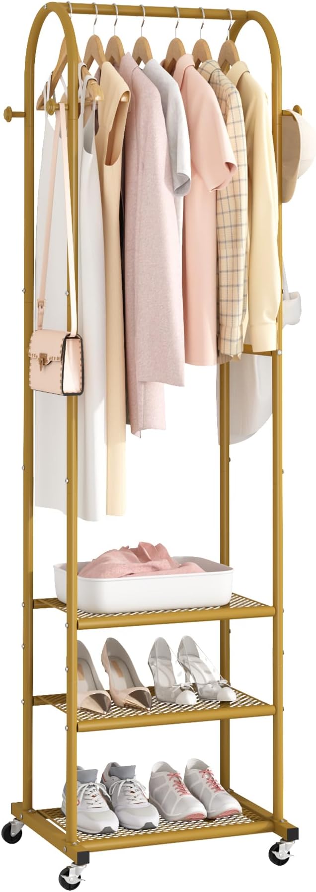 Kaitiemoo Heavy Duty Clothing Rack With Wheels,Modern Garment Rack With 3 Metal Shelves, 71.8Inches Display Rack For Hanging Clothes, Hanging Rod For Small Space,Gold