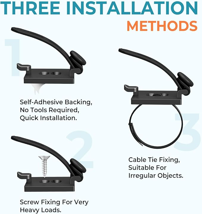 Kanemc Cable Clips Management Kit, 15 Cable Holder With Silicone Cord Ties, 15 Nylon Zip Tie, Extra 15 Screws & 8 Adjustable Cable Straps For Workspace Organizers Computer TV Under Desk Wire Setup