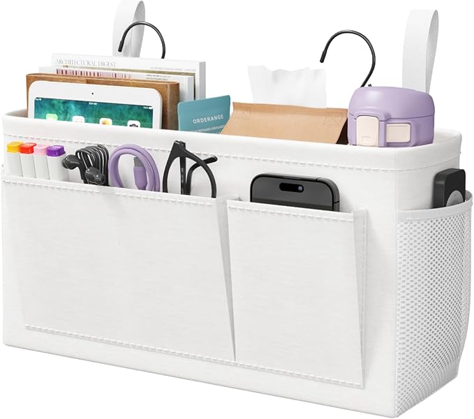 Lifewit Bedside Caddy Storage Organizer, Hanging Storage Bag with Fixed Straps, Book Remotes Holder for Home, College, Dorm, Bunk, Hospital, Crib Bed Rails, Large, White