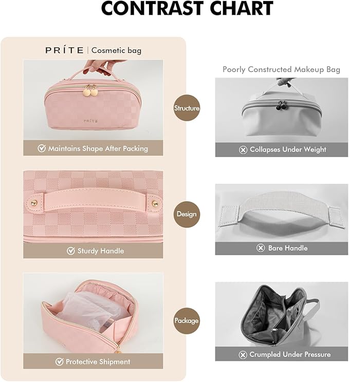 Prite Makeup Bag for Women Travel Waterproof Vegan Leather Cosmetic Bag Open Flat Toiletry Bag With Clear Divider and Handle (Plaid Pink, Medium)