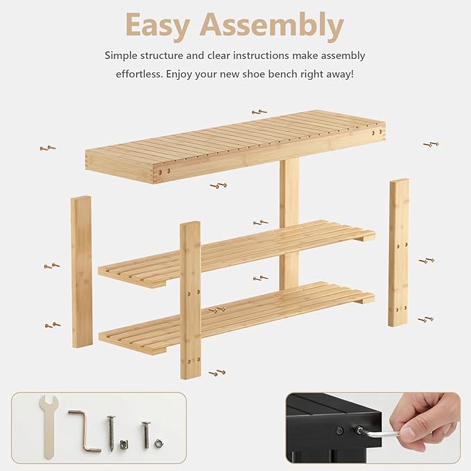 NEWBULIG Shoe Rack Bench, 3-Tier Bamboo Shoe Organizer, Wooden Entryway Storage Bench, 286 lb Load Capacity, 11.2x35.5x17.9 Inches, for Entryway Bathroom Bedroom Balcony, Wood