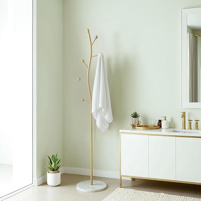 sawsile Gold Coat Rack Freestanding,Coat Hanger Stand with Natural Marble Base,Modern Sturdy Metal Clothes Rack Standing Hall Tree Hanger for Hats,Scarf, Bag, Jacket