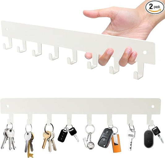 2 Pack Key Holder for Wall, Key Hooks with 8 Hooks Mount Keys on Wall, No Drilling Required, Holders Use for Living Room Kitchen Corridor Decor(White)