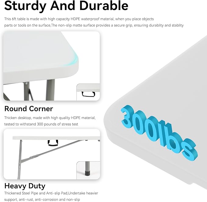 100 Pack of 6 Foot Foldable Table with Built in Handle & Steel Legs ,Heavy Duty Portable ,Perfect for Party, Dining, Wedding, Events, Picnic Indoor, Outdoor, Camping, Utility, Folding(white-100pac)