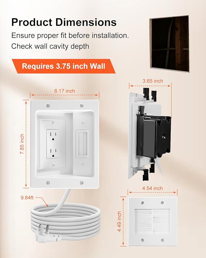 TV Cord Hider for Wall Mounted TV with Recessed Wall Outlet, In-Wall Cable Management Kit with 9.84FT, DIY Installation Kit with Hardware, for Home Theater (Only 2AC)